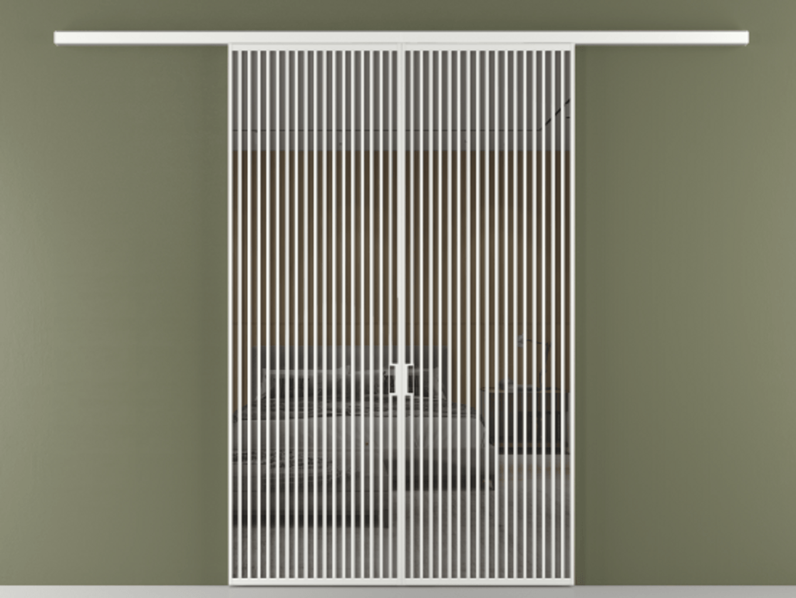 Перегородка Formato вдоль стены 2 створки АЛПР 040.06 Алюминий белоснежный Рефлективное серое стекло "Stopsol", калёное Цена 23790 Br | Volhovec