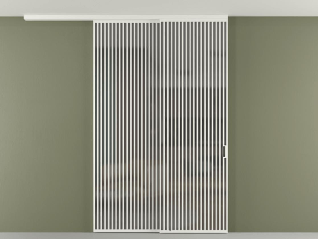 Перегородка Формато вдоль стены на потолок 2 створки с синхронным механизмом АЛПР 040.06 Алюминий светло-серый Сатинированное серое стекло, триплекс Цена 28160 Br | Volhovec