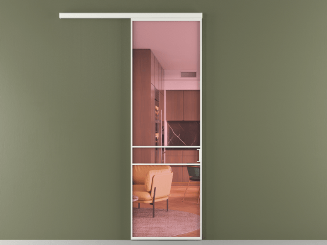 Перегородка Formato вдоль стены 1 створка АЛПР 040.02 Алюминий светло-серый Прозрачное розовое стекло, триплекс Цена 6500 Br  | Volhovec