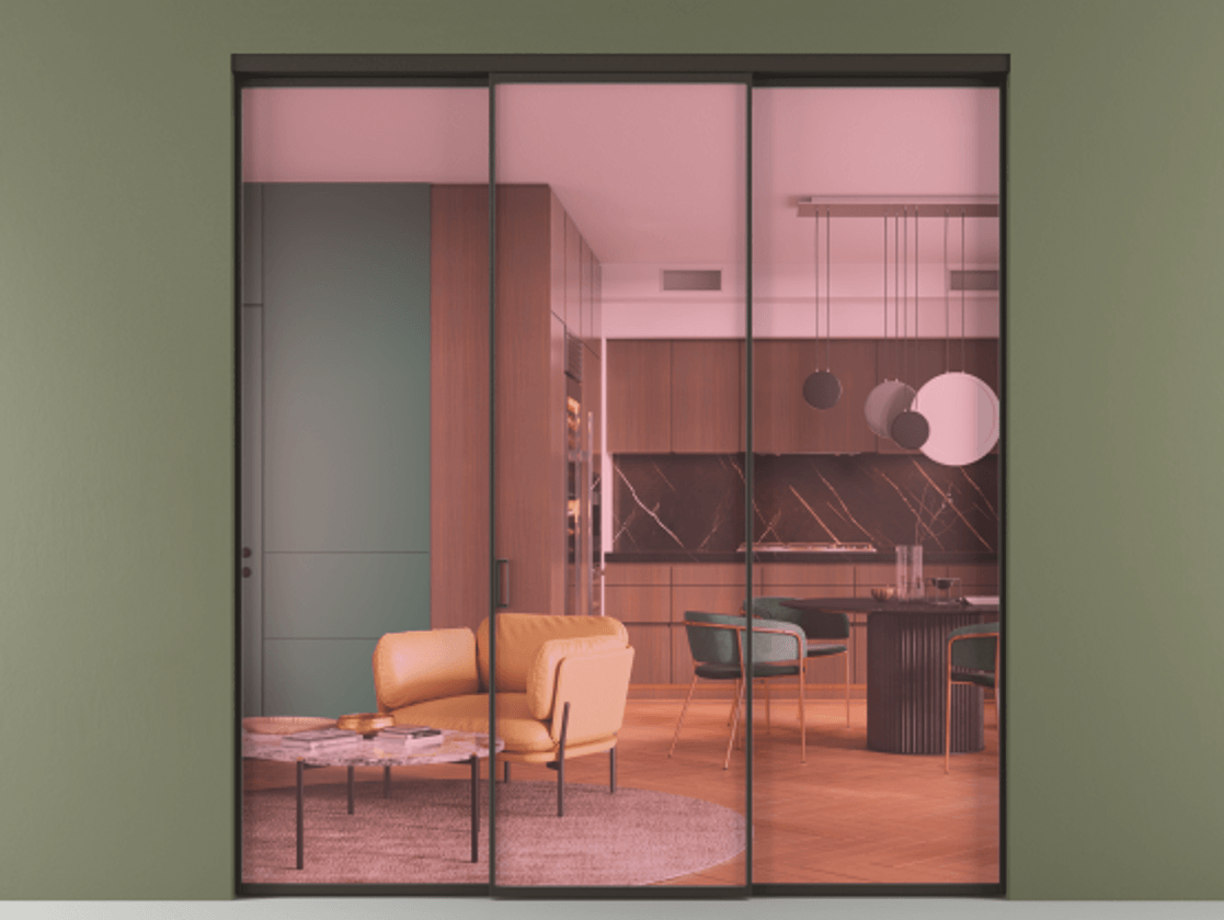 Перегородка Формато внутри проёма 3 створки АЛПР 040.01 Алюминий антрацит Прозрачное розовое стекло, триплекс Цена 12000 Br | Volhovec