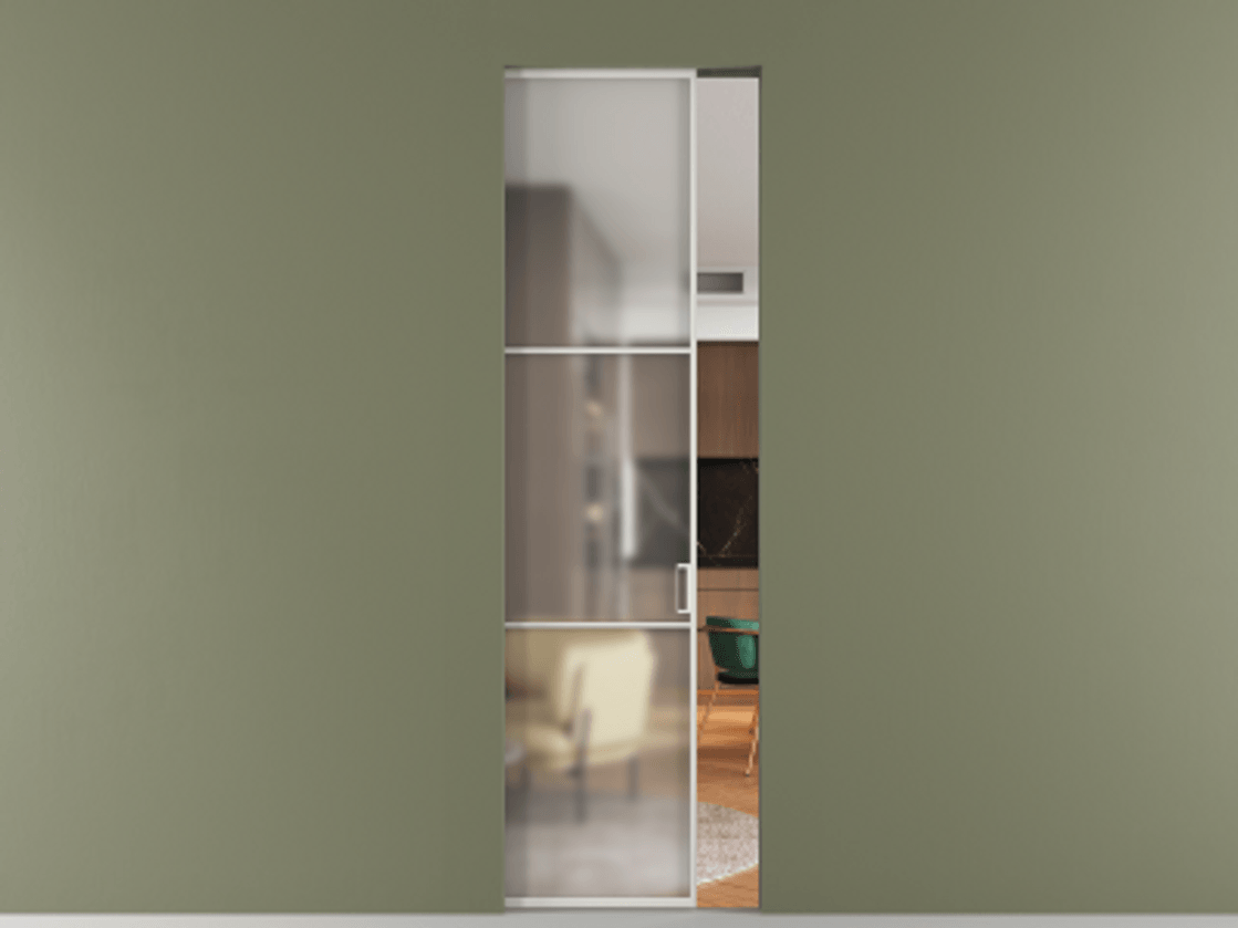 Перегородка Formato скрытый пенал 1 створка АЛПР 040.03 Алюминий серый Сатинированное стекло "Мателюкс Кристал Вижн", калёное, матовое, каленое 6 мм Цена 9540 Br | Volhovec