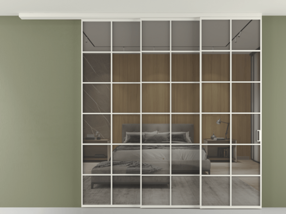 Перегородка Формато вдоль стены на потолок 3 створки с синхронным механизмом АЛПР 040.05 Алюминий Белый Рефлективное серое стекло "Стопсол", калёное. Скрытый короб БЕЛ Цена 23110 Br 1. Полотно 2 шт. (800/2100 мм)
2. Комплект установки раздвижной системы
3. Базовый комплект фурнитуры
4.Ручка Рондо. Фабрика дверей Волховец 8 (800) 551 43 19 Перегородка Формато вдоль стены на потолок 3 створки с синхронным механизмом АЛПР 040.05 Алюминий Белый Рефлективное серое стекло "Стопсол", калёное Цена 23110 Br | Volhovec
