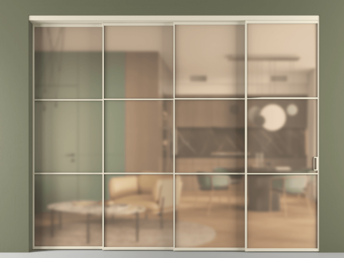 Перегородка Formato внутри проёма 4 створки с синхронным механизмом АЛПР 040.03 Алюминий бежево-серый Сатинированное оранжевое стекло, триплекс Цена 28000 Br | Volhovec