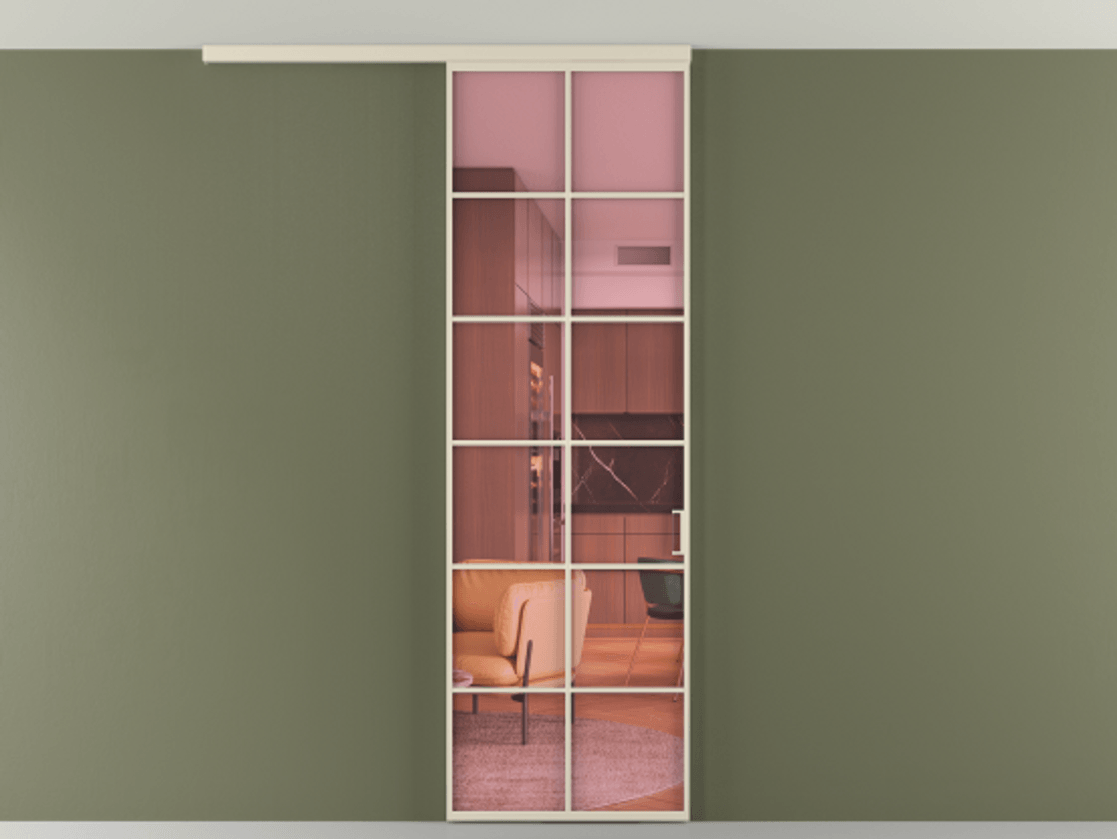 Межкомнатная дверь New Перегородка Formato вдоль стены на потолок одностворчатая АЛПР 040.05 Алюминий бежево-серый Прозрачное розовое стекло, триплекс Цена 5800  | Volhovec