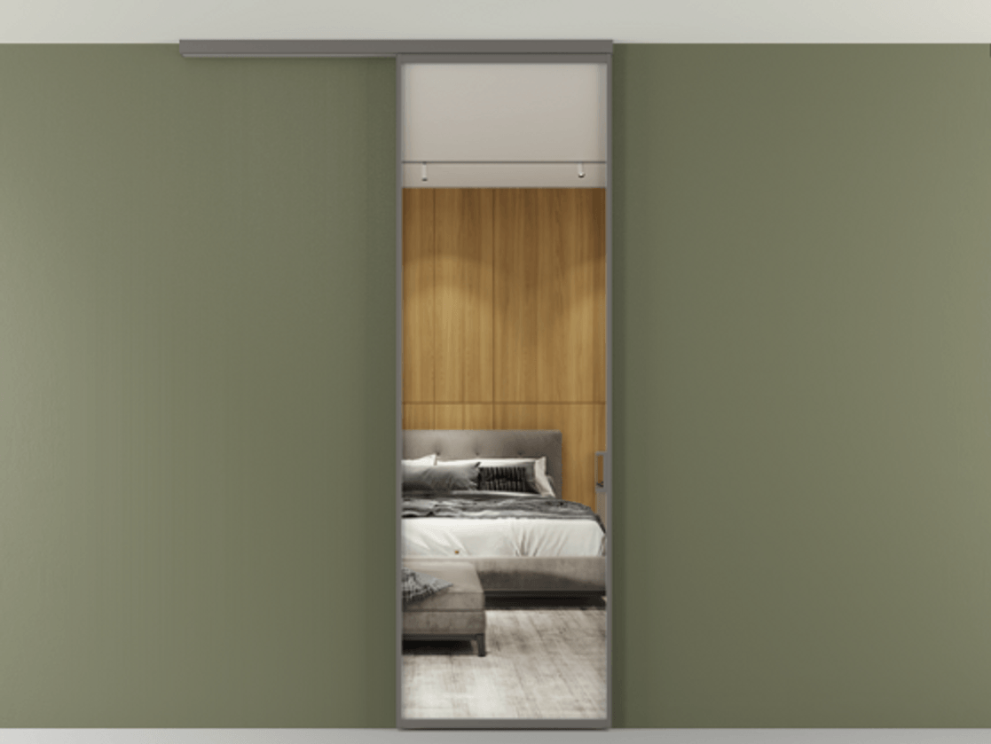 Перегородка Formato вдоль стены на потолок 1 створка АЛПР 040.01 Алюминий классический серый Двустороннее зеркало, триплекс , триплекс 6 мм Цена 5150 Br | Volhovec