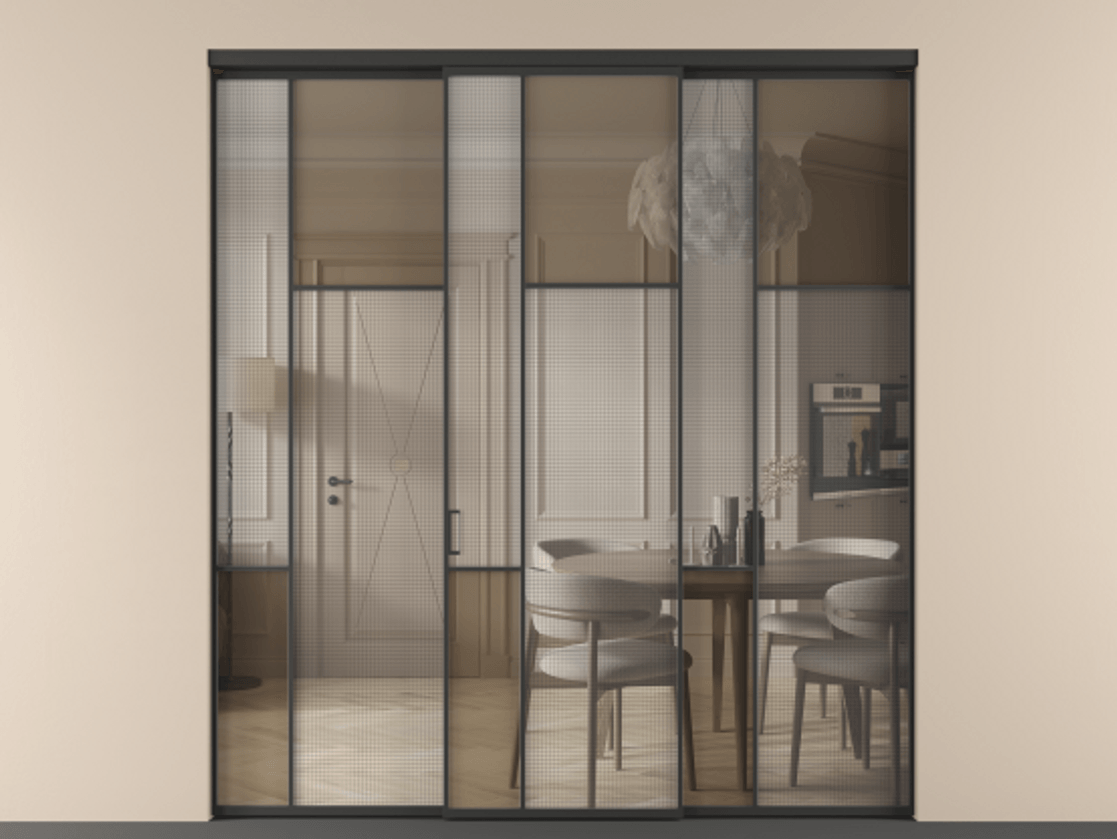 Перегородка Mosaic внутри проёма трёхстворчатая АЛПР 041.11 Алюминий Черный Mesh silver + Бронза прозрачное триплекс Цена 17450 Br | Volhovec