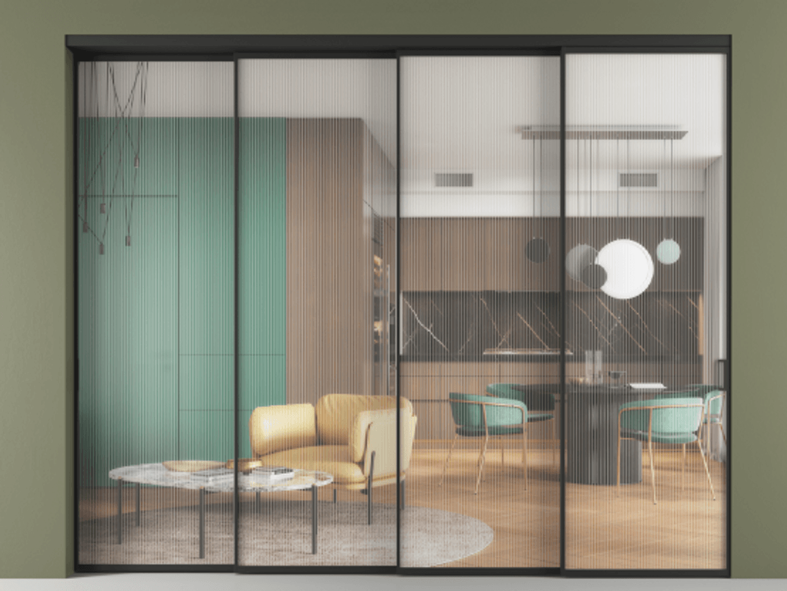 Перегородка Формато внутри проёма 4 створки с синхронным механизмом АЛПР 040.01 Алюминий Черный Рифлёное стекло "Мору", триплекс Цена 24120 Br | Volhovec