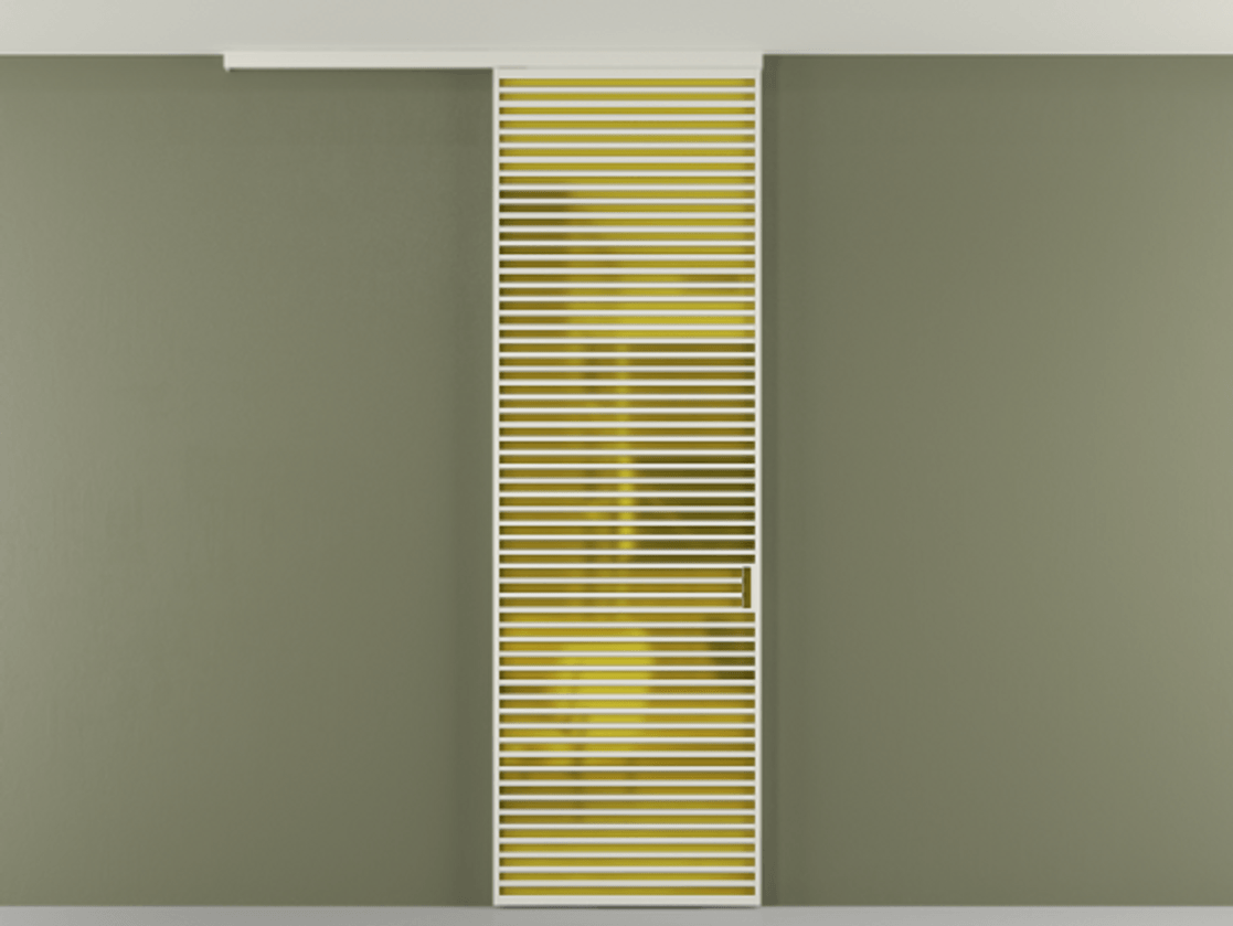 Перегородка Формато вдоль стены на потолок 1 створка АЛПР 040.07 Алюминий Белый Сатинированное жёлтое стекло, триплекс Цена 9100 Br | Volhovec