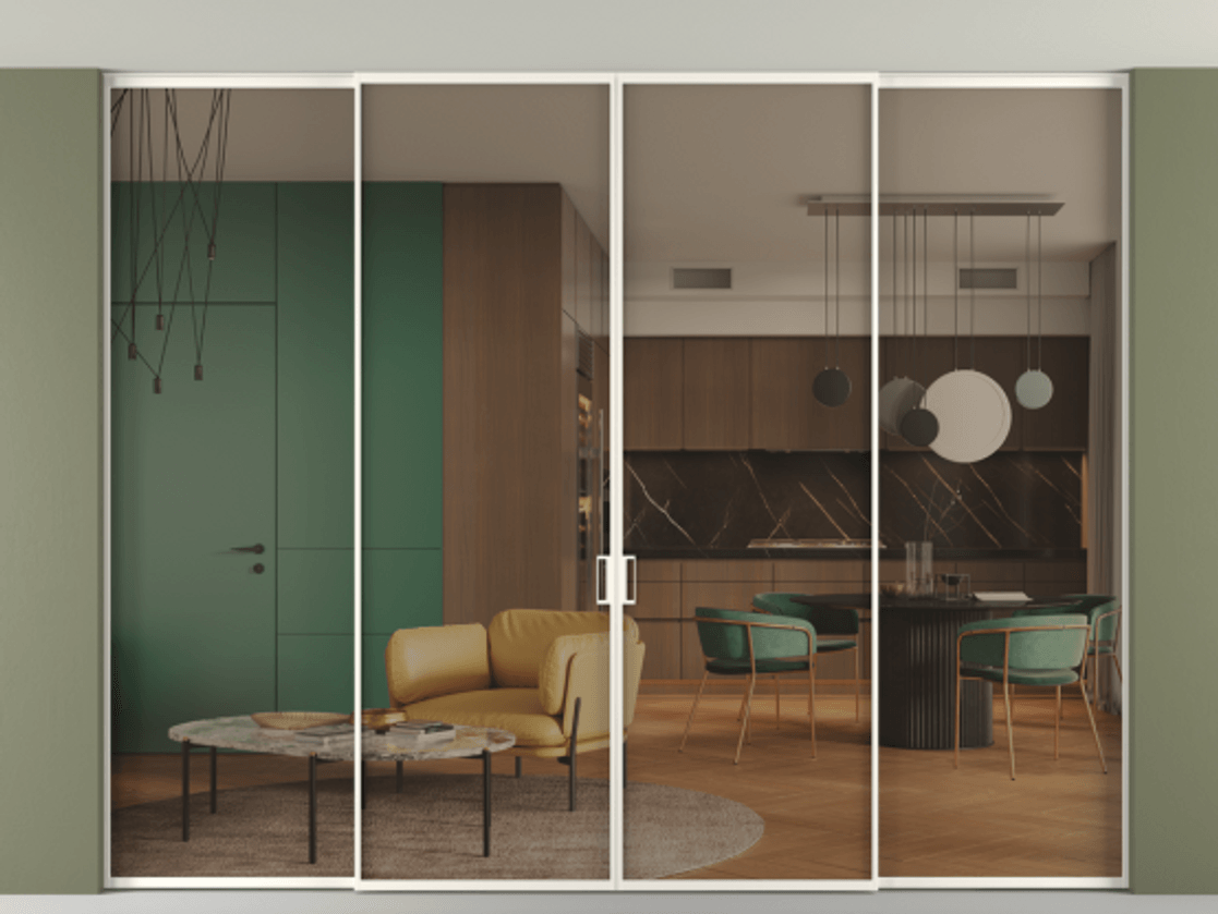 Перегородка Formato внутри проёма скрытое крепление в потолок 4 створки АЛПР 040.01 Алюминий пудровый белый Прозрачное бронзовое стекло, триплекс. Цена 23421 Br 1. Полотно 4 шт. (800/2100 мм)
2. Комплект установки раздвижной системы
3. Базовый комплект фурнитуры
4.Ручка RONDO. Фабрика дверей Волховец 8 (800) 551 43 19 Перегородка Formato внутри проёма скрытое крепление в потолок 4 створки АЛПР 040.01 Алюминий пудровый белый Прозрачное бронзовое стекло, триплекс Цена 23421 Br | Volhovec