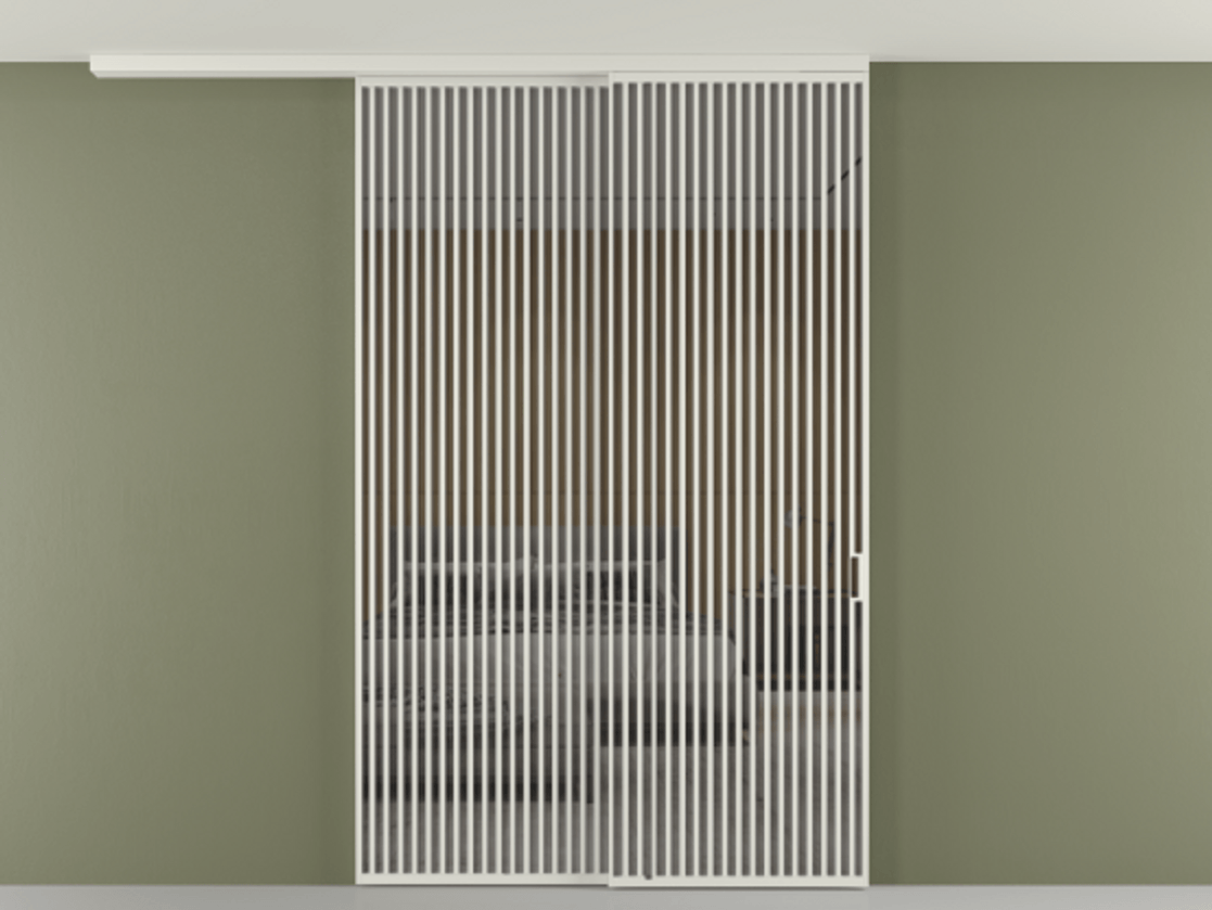 Перегородка Формато вдоль стены на потолок 2 створки с синхронным механизмом АЛПР 040.06 Алюминий серый Рефлективное серое стекло "Стопсол", калёное Цена 29010 Br | Volhovec