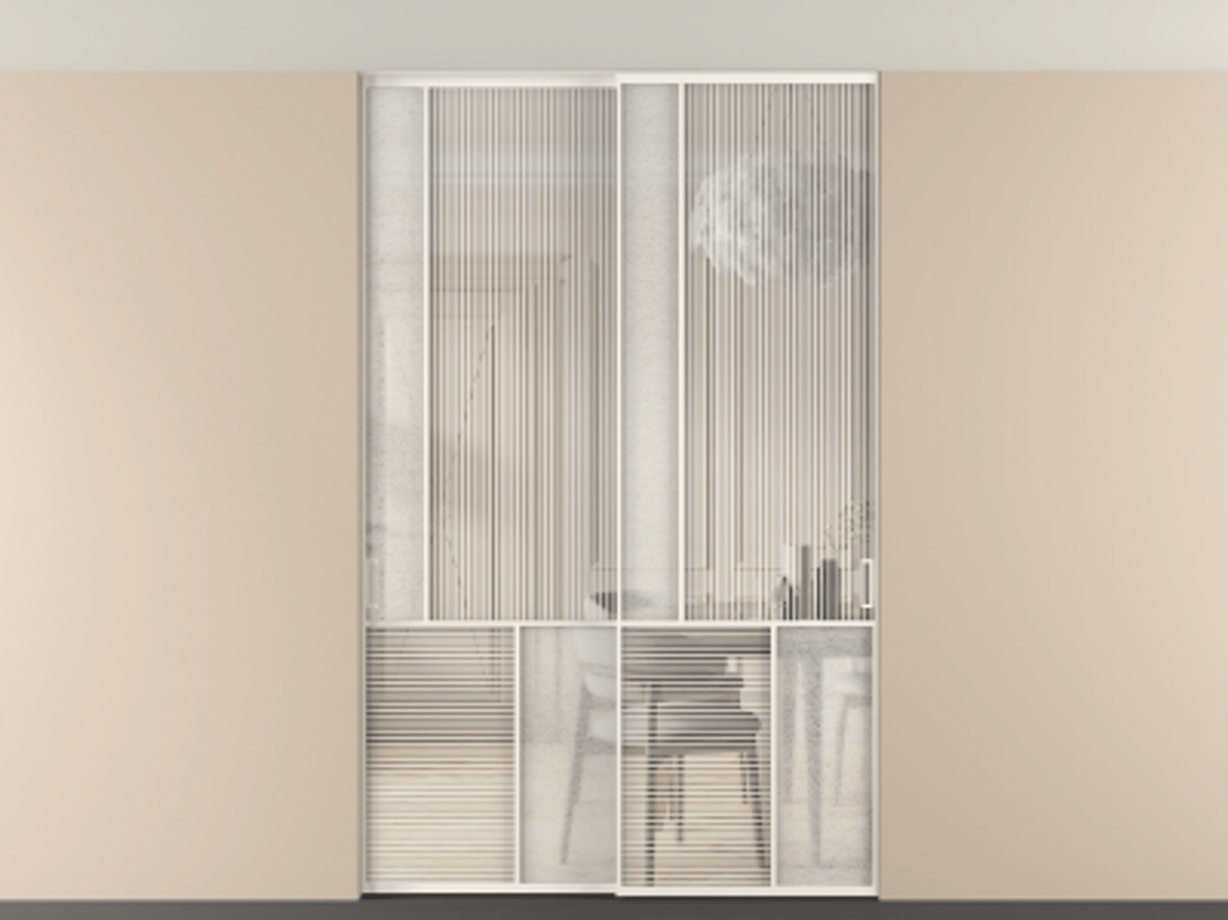 Перегородка Mosaic внутри проёма скрытое крепление в потолок 2 створки АЛПР 041.20 Алюминий пудровый белый Рифлёное стекло "Дюна", триплекс, 6 мм + Фактурное стекло "Лёд", триплекс Цена 18210 Br | Volhovec