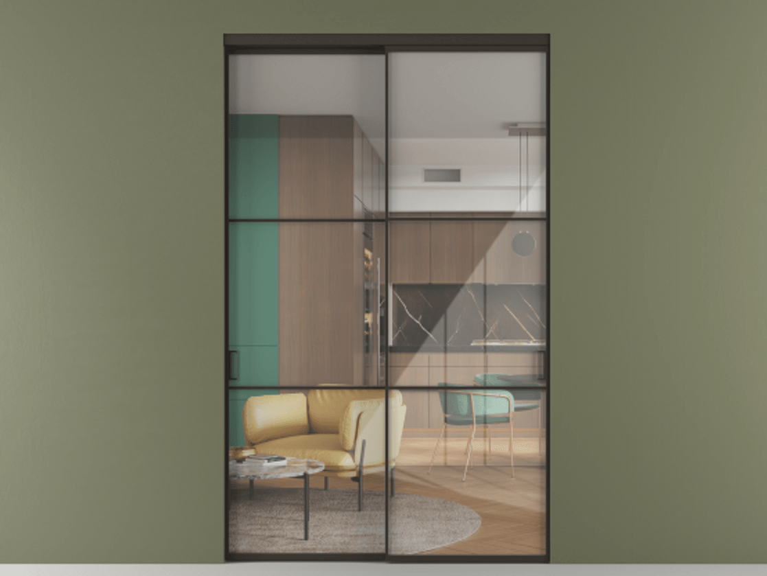 Перегородка Формато внутри проёма 2 створки АЛПР 040.03 Алюминий антрацит Рефлективное прозрачное стекло "Стопсол", калёное Цена 25570 Br  | Volhovec