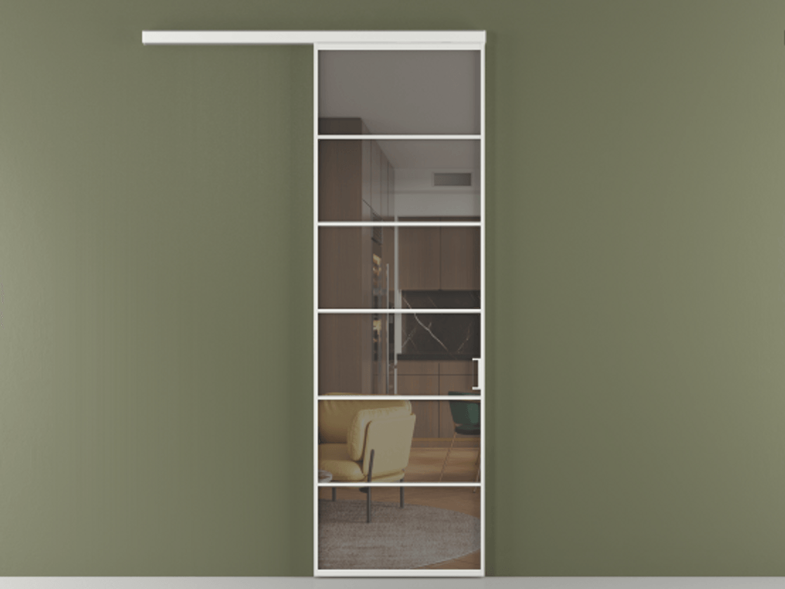 Перегородка Формато вдоль стены 1 створка АЛПР 040.04 Алюминий белоснежный Прозрачное серое стекло, триплекс Цена 6010 Br  | Volhovec