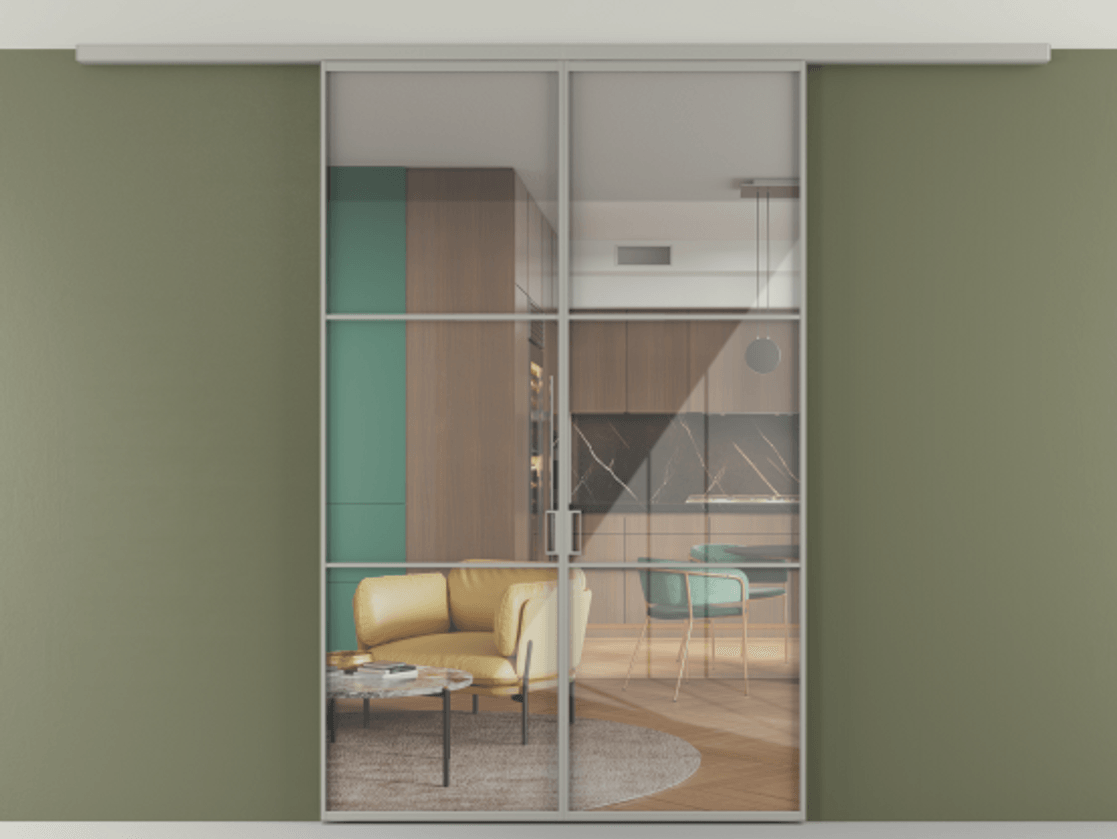 Перегородка Формато вдоль стены на потолок 2 створки АЛПР 040.03 Алюминий нейтральный серый Рефлективное прозрачное стекло "Стопсол", калёное Цена 13040 Br | Volhovec