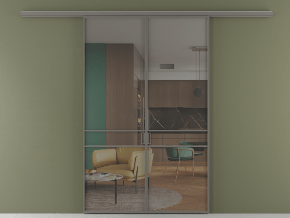 Перегородка Формато вдоль стены 2 створки АЛПР 040.02 Алюминий классический серый Прозрачное серое стекло, триплекс Цена 10450 Br | Volhovec