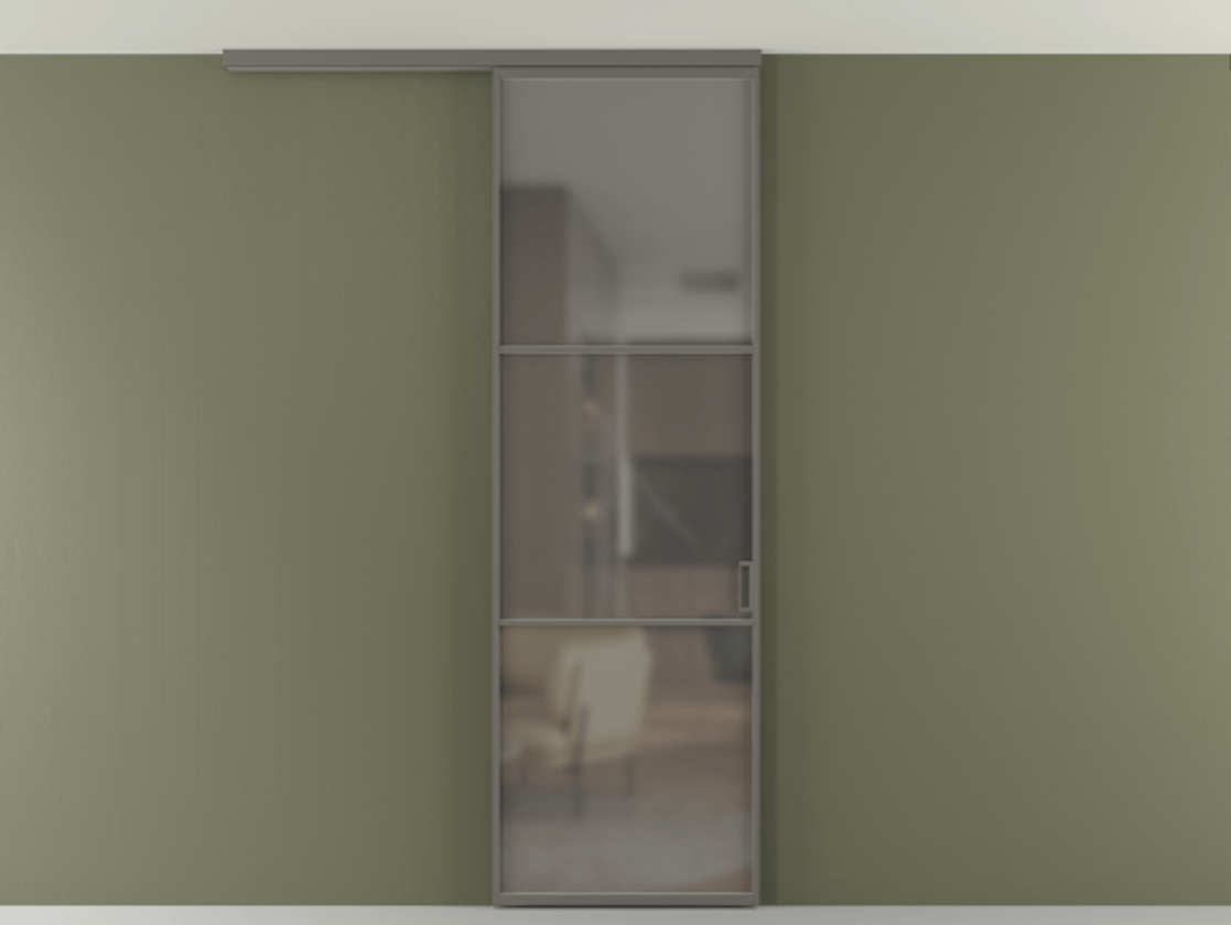 Перегородка Формато вдоль стены на потолок 1 створка АЛПР 040.03 Алюминий классический серый Сатинированное серое стекло, триплекс Цена 5180 Br | Volhovec