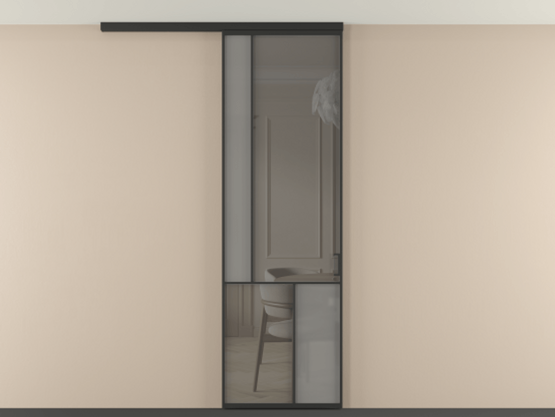 Перегородка Мозаик вдоль стены на потолок 1 створка АЛПР 041.20 Алюминий Черный Сатинированное серое стекло, триплекс, 6 мм + Прозрачное серое стекло, триплекс Цена 6930 Br | Volhovec