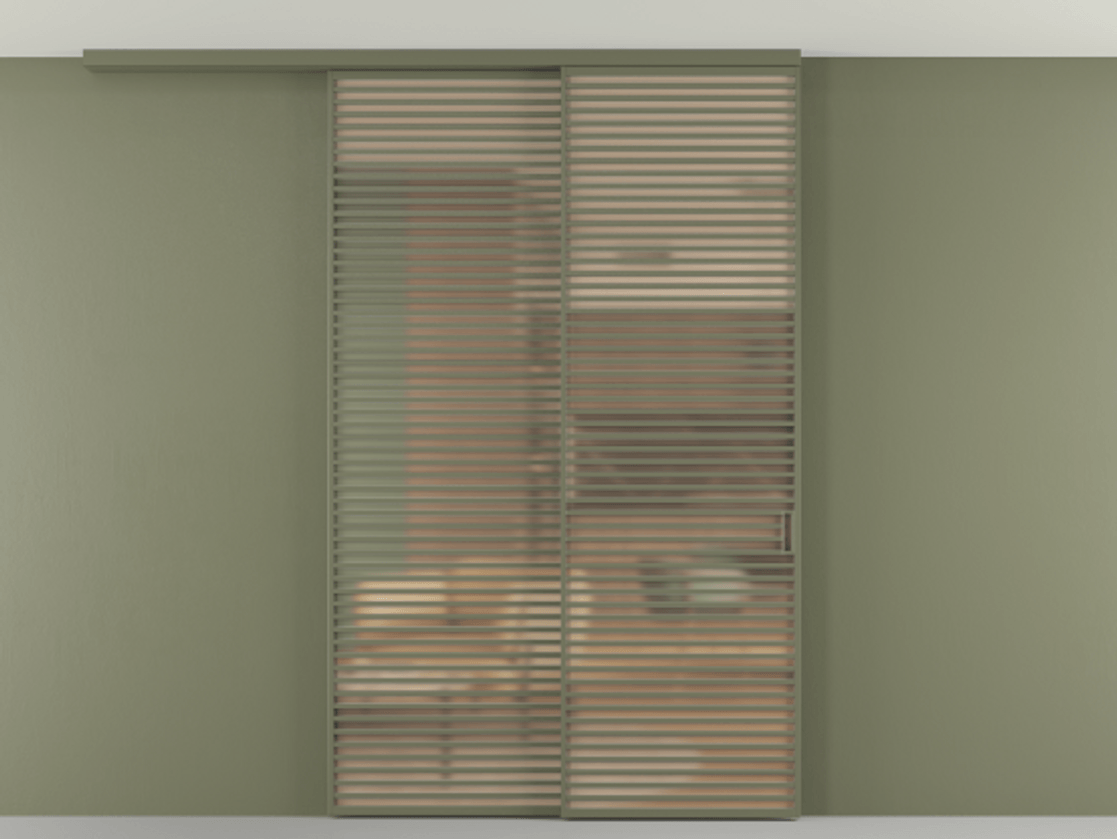 Перегородка Формато вдоль стены на потолок 2 створки с синхронным механизмом АЛПР 040.07 Алюминий оливковый тёмный Сатинированное оранжевое стекло, триплекс Цена 24100 Br | Volhovec