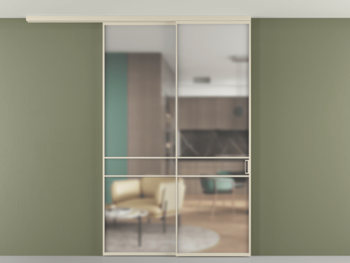 Перегородка Формато вдоль стены на потолок 2 створки с синхронным механизмом АЛПР 040.02 Алюминий бежево-серый Сатинированное стекло "Мателюкс Кристал Вижн", калёное, матовое, каленое 6 мм Цена 17480 Br | Volhovec