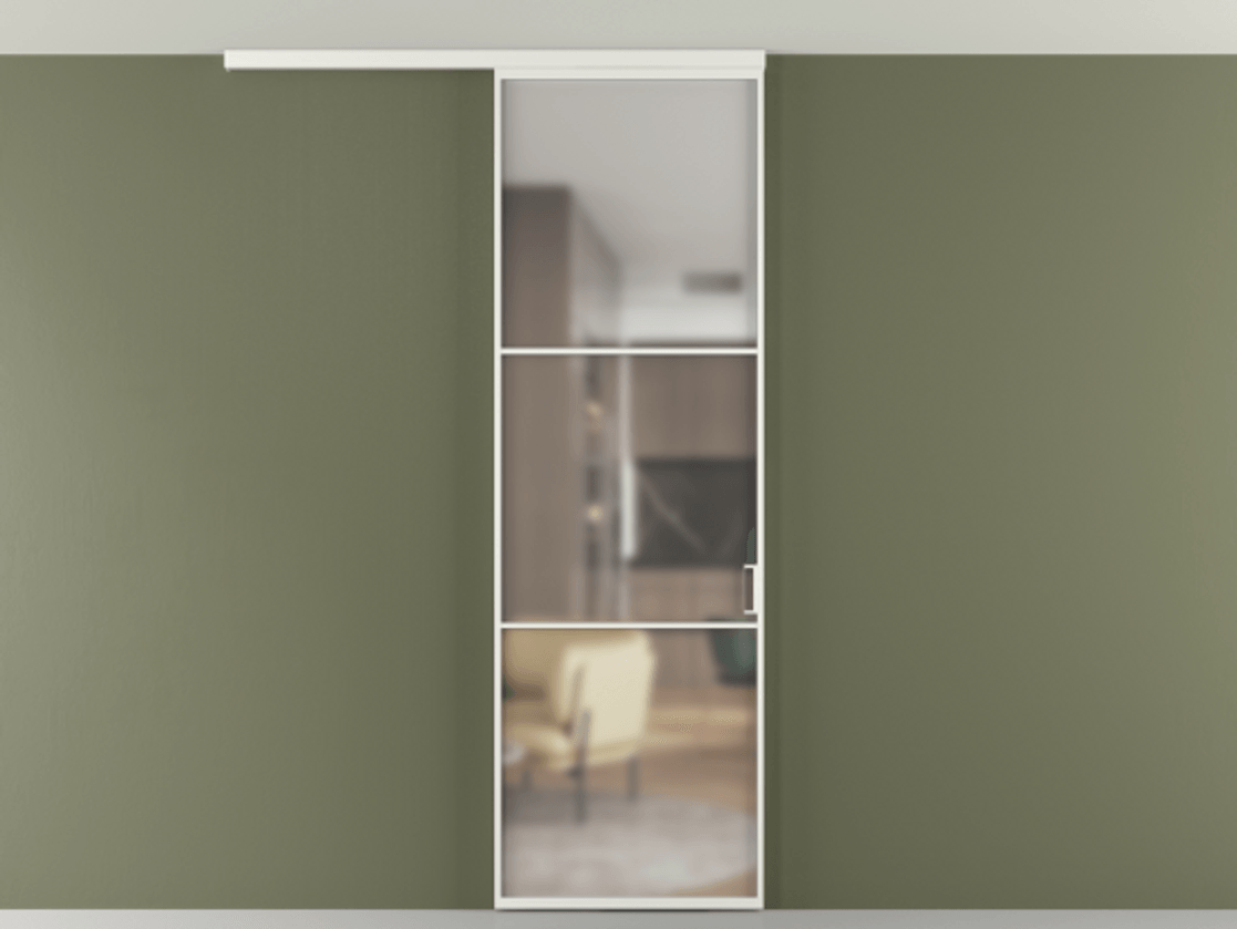 Перегородка Формато вдоль стены на потолок 1 створка АЛПР 040.03 Алюминий светло-серый Сатинированное стекло "Мателюкс Кристал Вижн", калёное, матовое, каленое 6 мм Цена 6711 Br | Volhovec