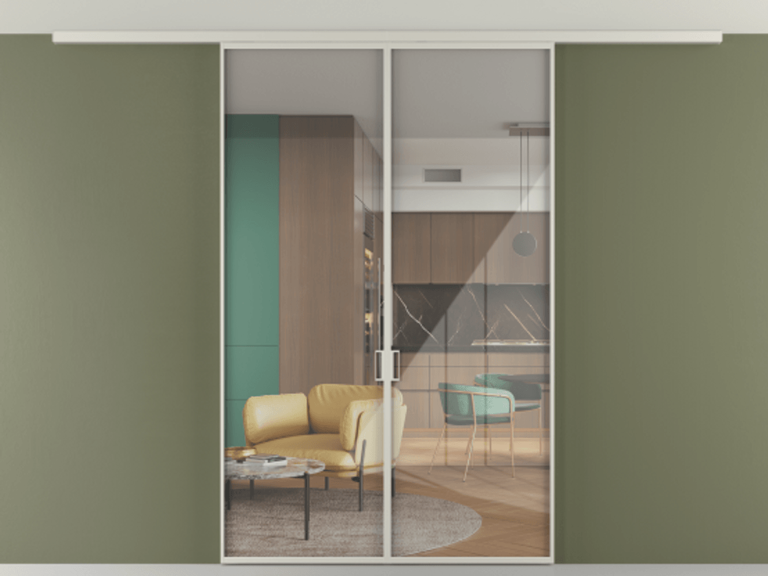 Перегородка Формато вдоль стены на потолок 2 створки АЛПР 040.01 Алюминий тёплый серый Рефлективное прозрачное стекло "Стопсол", калёное Цена 12410 Br | Volhovec