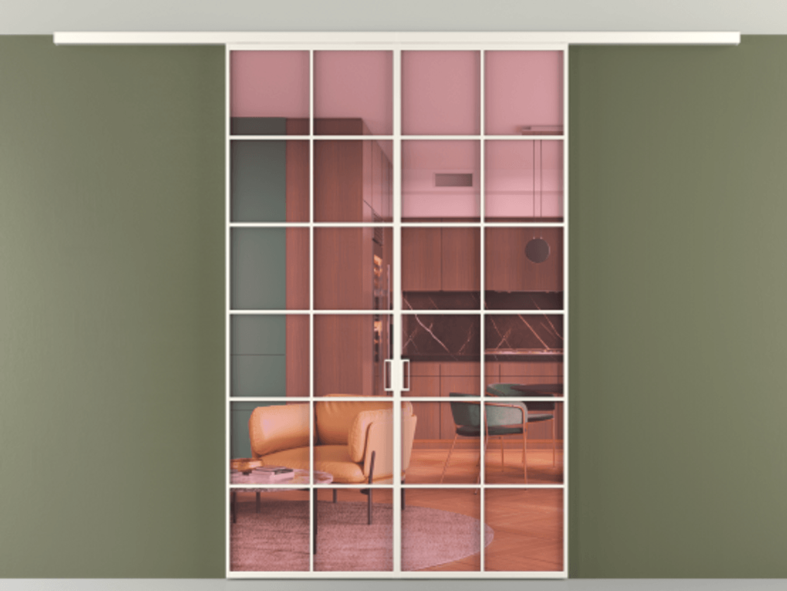 Перегородка Формато вдоль стены на потолок 2 створки АЛПР 040.05 Алюминий пудровый белый Прозрачное розовое стекло, триплекс Цена 10700 Br | Volhovec