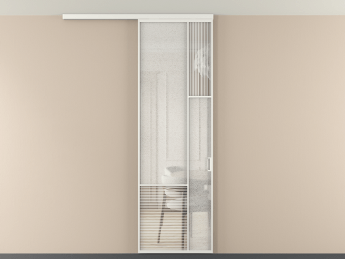 Перегородка Мозаик вдоль стены на потолок 1 створка АЛПР 041.12 Алюминий светло-серый Рифлёное стекло "Дюна", триплекс, 6 мм + Фактурное стекло "Лёд", триплекс Цена 7650 Br | Volhovec