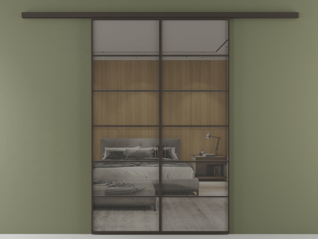 Перегородка Formato вдоль стены 2 створки АЛПР 040.04 Алюминий антрацит Рефлективное серое стекло "Stopsol", калёное Цена 14150 Br | Volhovec