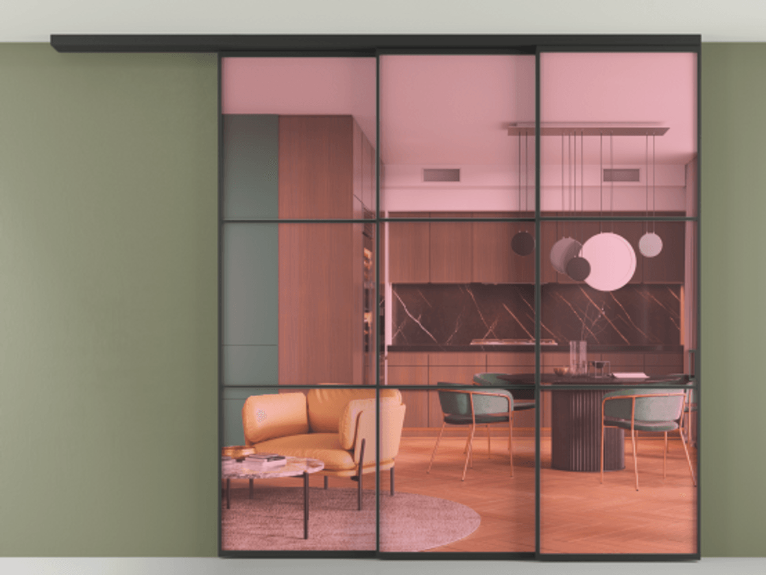 Перегородка Formato вдоль стены на потолок 3 створки с синхронным механизмом АЛПР 040.03 Алюминий Черный Прозрачное розовое стекло, триплекс Цена 20200 Br | Volhovec