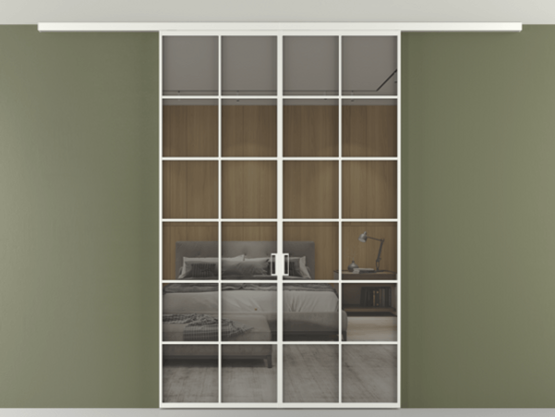 Перегородка Формато вдоль стены на потолок 2 створки АЛПР 040.05 Алюминий светло-серый Рефлективное серое стекло "Стопсол", калёное Цена 13960 Br | Volhovec