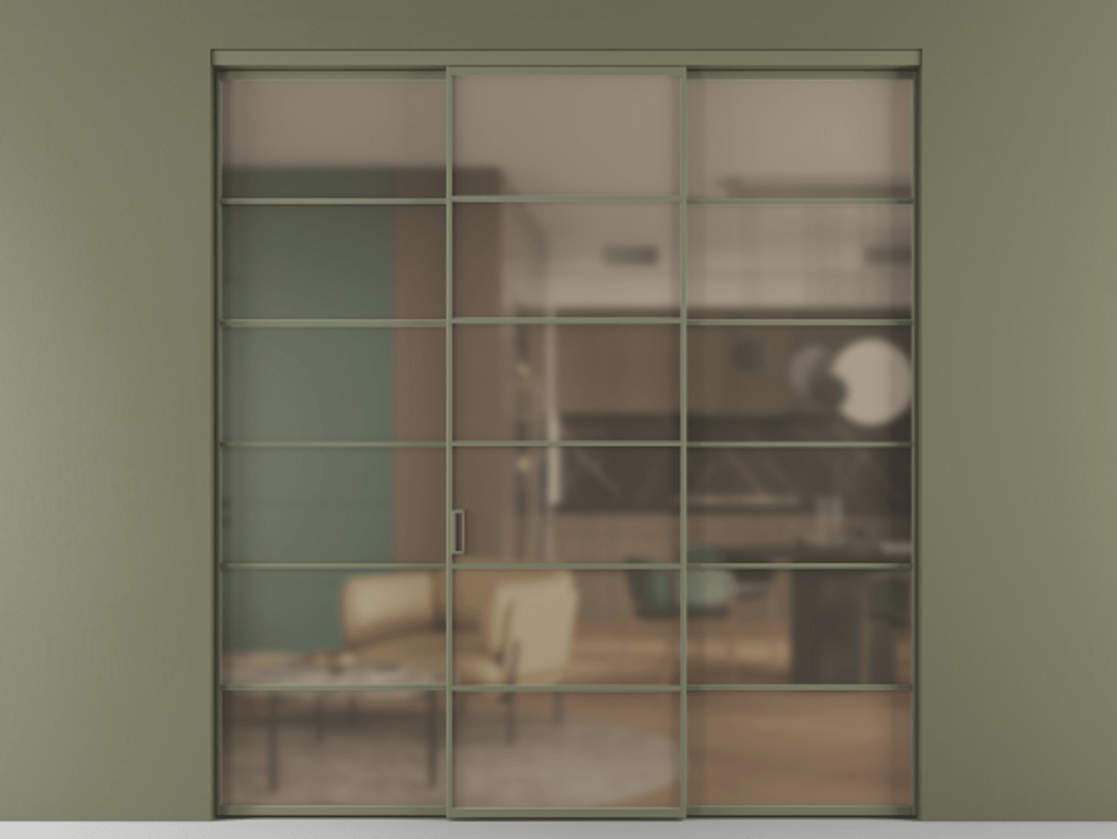 Перегородка Formato внутри проёма 3 створки АЛПР 040.04 Алюминий оливковый тёмный Сатинированное бронзовое стекло, триплекс Цена 14290 Br | Volhovec