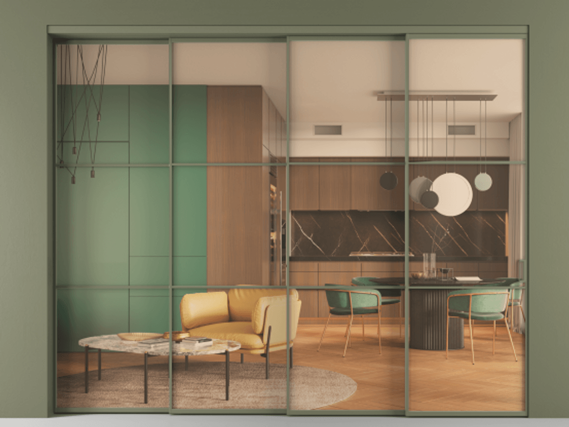 Перегородка Формато внутри проёма 4 створки с синхронным механизмом АЛПР 040.03 Алюминий оливковый тёмный Прозрачное оранжевое стекло, триплекс Цена 24800 Br | Volhovec