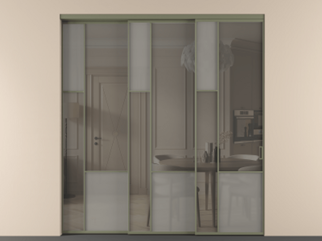 Перегородка Мозаик внутри проёма 3 створки с синхронным механизмом АЛПР 041.13 Алюминий оливковый тёмный Сатинированное серое стекло, триплекс, 6 мм + Прозрачное серое стекло, триплекс Цена 23390 Br | Volhovec