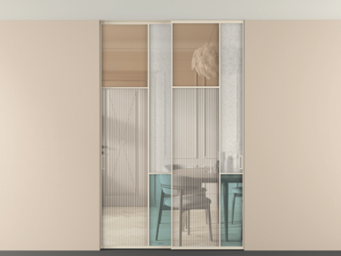 Перегородка Mosaic внутри проёма двустворчатая со скрытым креплением в потолок АЛПР 041.10 Алюминий бежево-серый Комбинация стекол Группы 1 и Группы 3 Цена 16700 Br | Volhovec