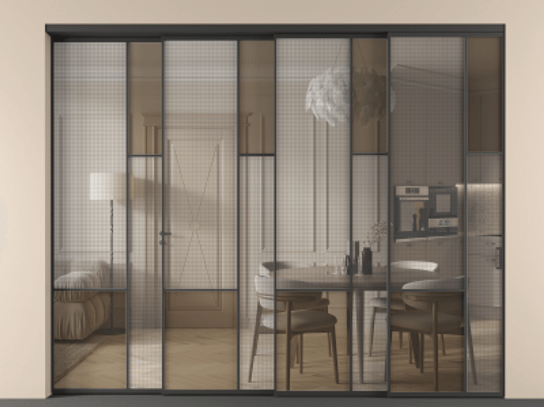 Перегородка Mosaic внутри проёма телескопик синхро 3 АЛПР 041.12 Алюминий Черный Mesh silver + Бронза прозрачное триплекс Цена 29530 Br | Volhovec