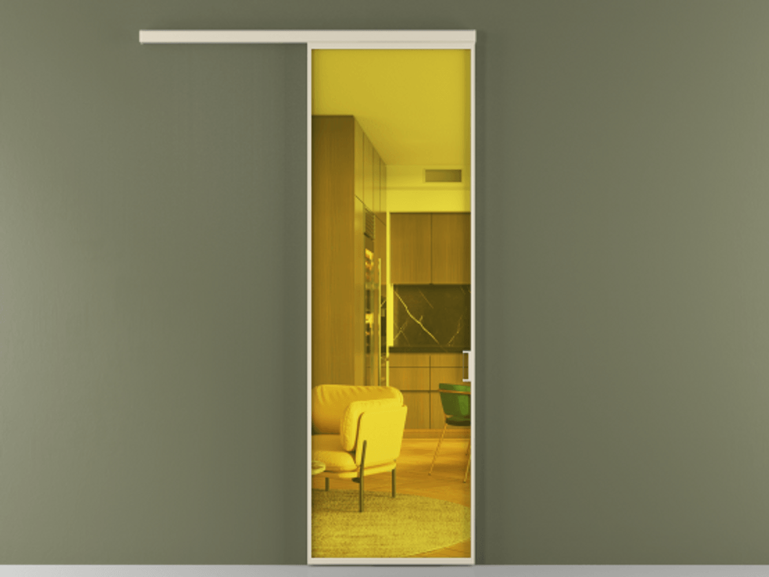 Перегородка Formato вдоль стены 1 створка АЛПР 040.01 Алюминий бежево-серый Прозрачное жёлтое стекло, триплекс Цена 5400 Br  | Volhovec