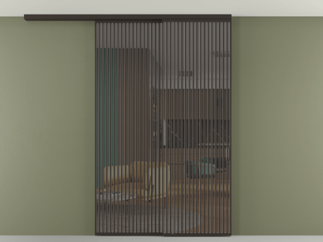 Перегородка Formato вдоль стены на потолок 2 створки с синхронным механизмом АЛПР 040.06 Алюминий антрацит Прозрачное серое стекло, триплекс Цена 23070 Br | Volhovec