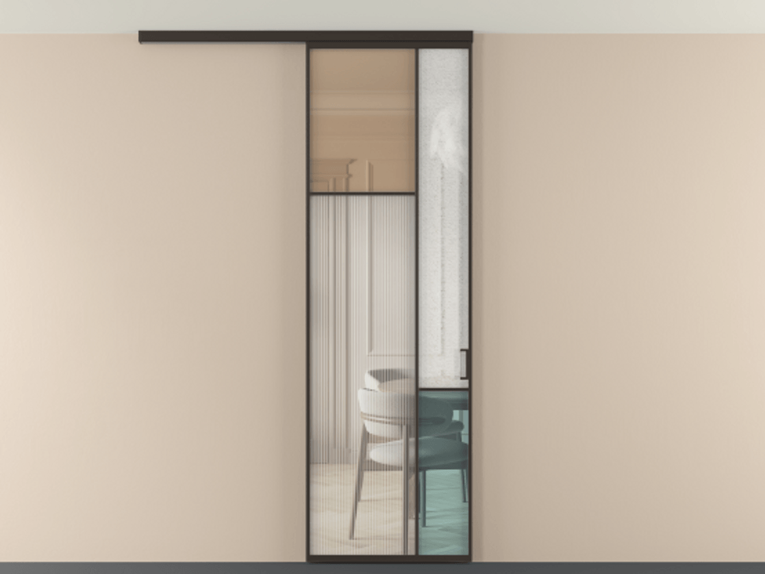 Перегородка Мозаик вдоль стены на потолок 1 створка АЛПР 041.10 Алюминий антрацит Комбинация стекол Группы 1 и Группы 3 Цена 7500 Br | Volhovec