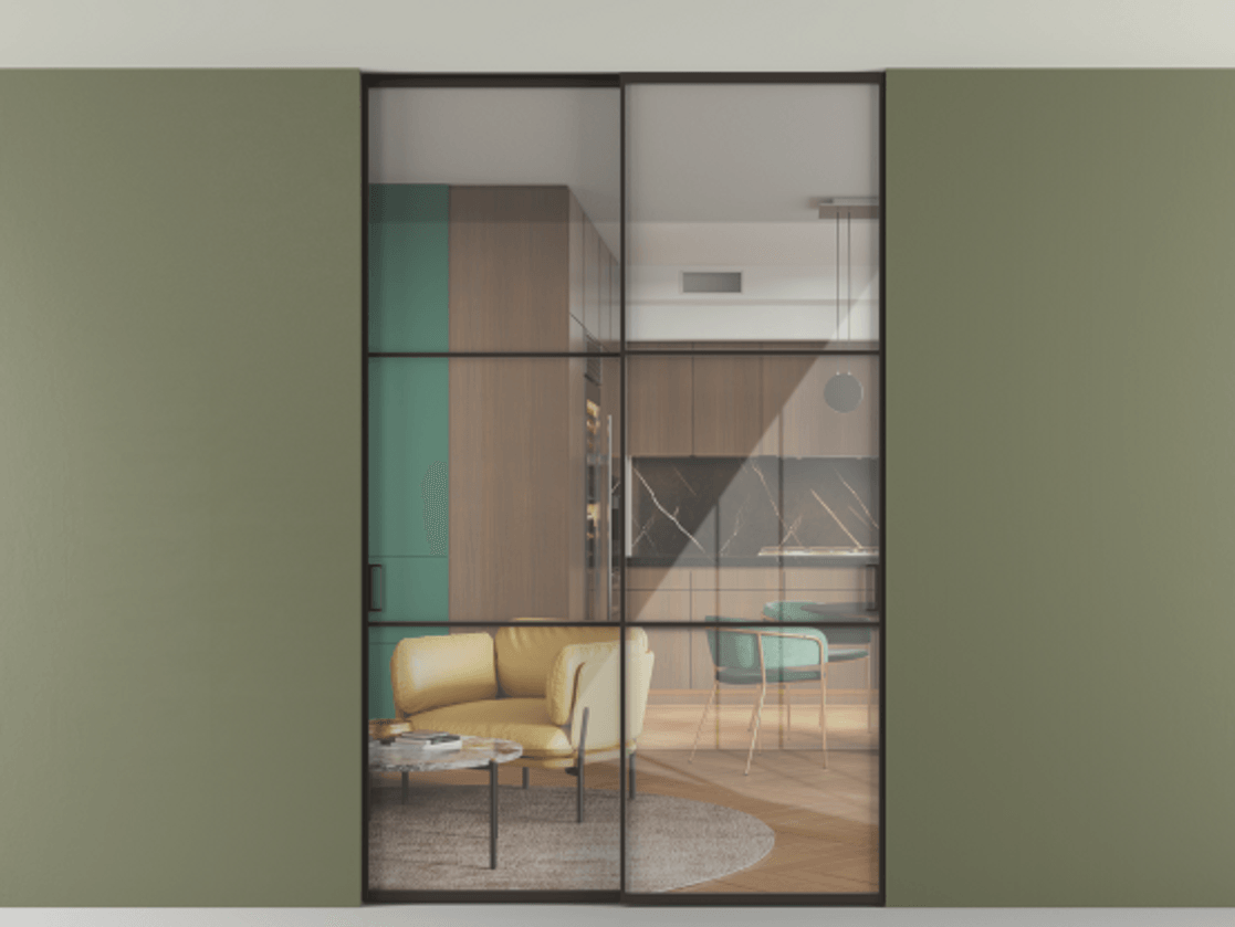 Перегородка Formato внутри проёма скрытое крепление в потолок 2 створки АЛПР 040.03 Алюминий антрацит Рефлективное прозрачное стекло "Stopsol", калёное Цена 16340 Br | Volhovec