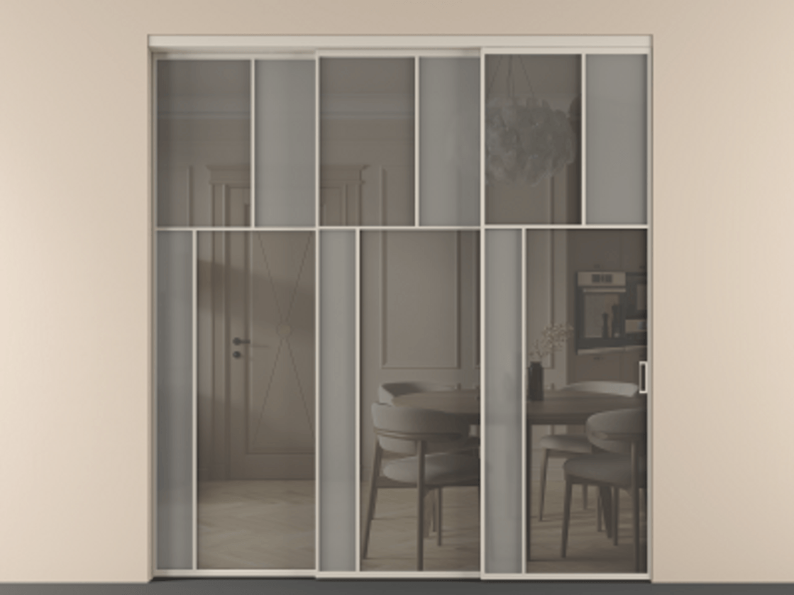 Перегородка Mosaic внутри проёма 3 створки с синхронным механизмом АЛПР 041.22 Алюминий светло-бежевый Сатинированное серое стекло, триплекс, 6 мм + Прозрачное серое стекло, триплекс Цена 23390 Br | Volhovec