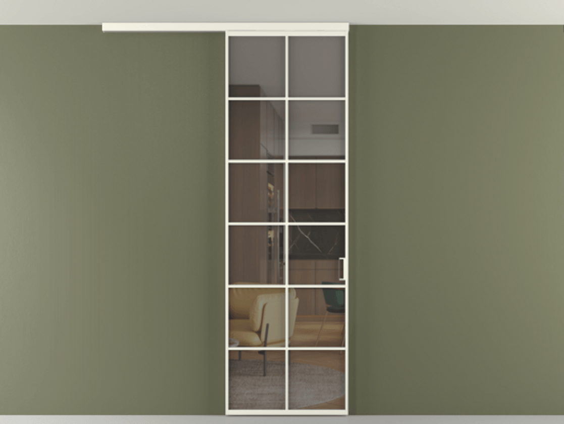 Перегородка Формато вдоль стены на потолок 1 створка АЛПР 040.05 Алюминий жемчужный Прозрачное серое стекло, триплекс Цена 5770 Br | Volhovec