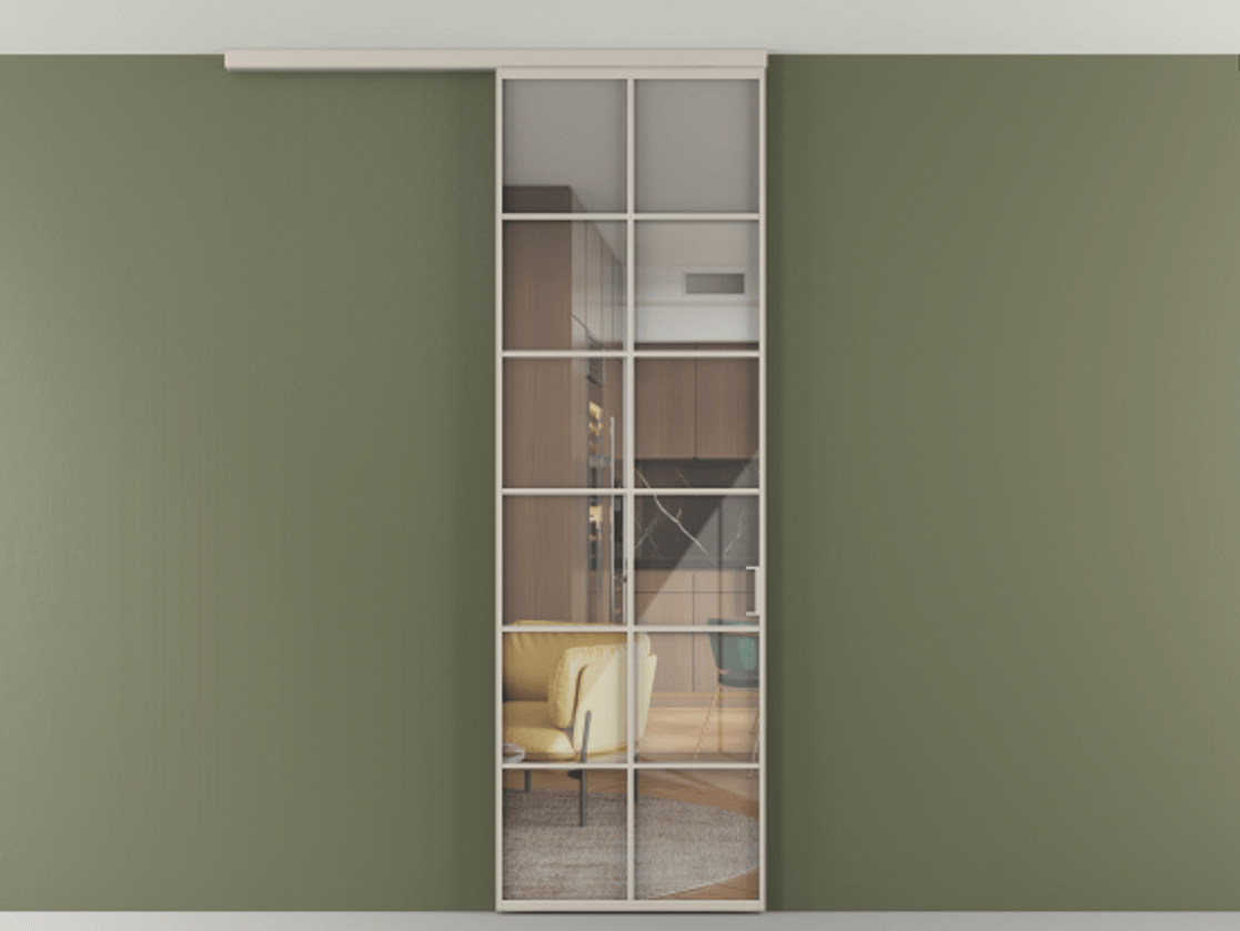 Перегородка Формато вдоль стены на потолок 1 створка АЛПР 040.05 Алюминий светло-бежевый Рефлективное прозрачное стекло "Стопсол", калёное Цена 7170 Br | Volhovec