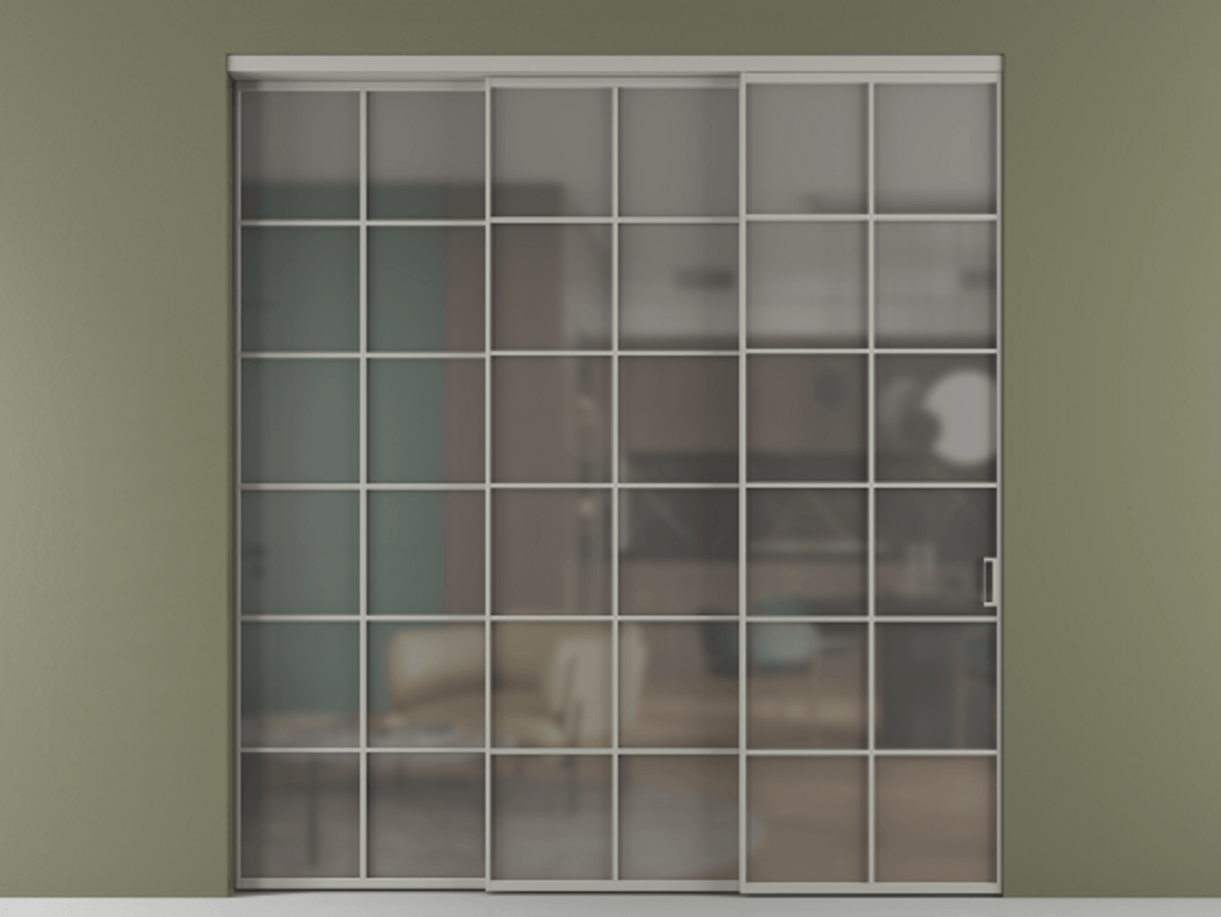 Перегородка Formato внутри проёма 3 створки с синхронным механизмом АЛПР 040.05 Алюминий нейтральный серый Сатинированное серое стекло, триплекс Цена 19420 Br  | Volhovec