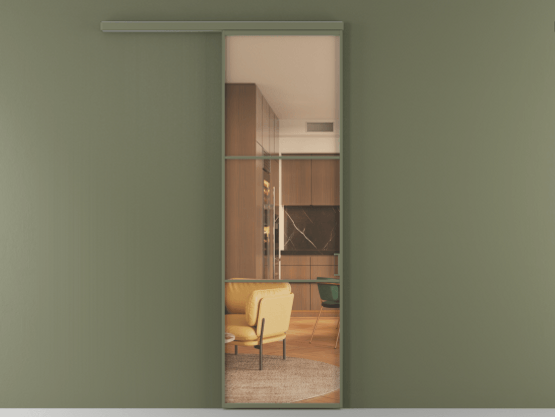 Перегородка Формато вдоль стены 1 створка АЛПР 040.03 Алюминий оливковый тёмный Прозрачное оранжевое стекло, триплекс Цена 5700 Br  | Volhovec