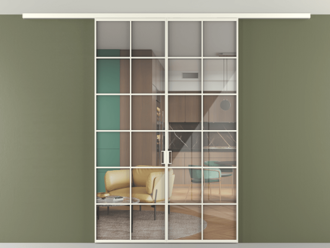 Перегородка Формато вдоль стены на потолок 2 створки АЛПР 040.05 Алюминий жемчужный Рефлективное прозрачное стекло "Стопсол", калёное Цена 13960 Br | Volhovec