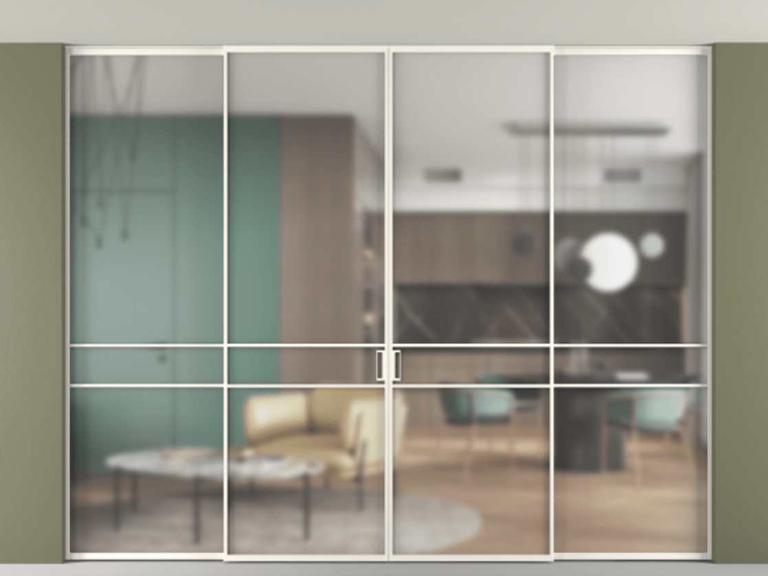 Перегородка Formato внутри проёма скрытое крепление в потолок 4 створки АЛПР 040.02 Алюминий пудровый белый Сатинированное стекло "Matelux Crystal Vision", калёное, матовое, каленое 6 мм Цена 29680 Br | Volhovec