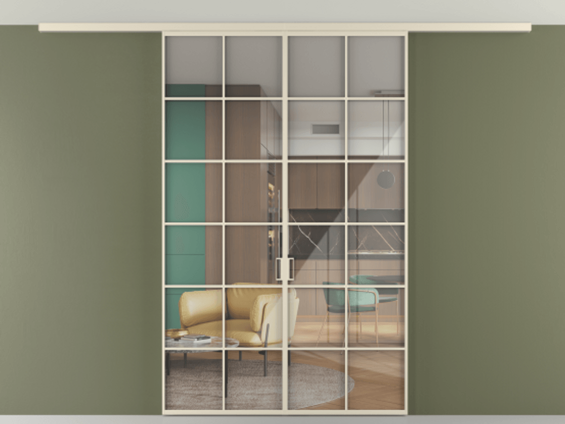 Перегородка Формато вдоль стены на потолок 2 створки АЛПР 040.05 Алюминий бежево-серый Рефлективное прозрачное стекло "Стопсол", калёное Цена 13960 Br | Volhovec