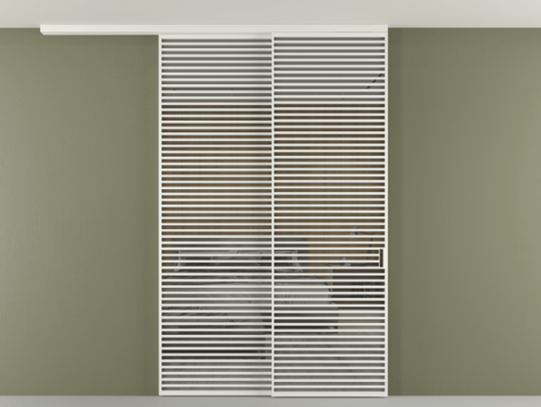 Перегородка Формато вдоль стены на потолок 2 створки с синхронным механизмом АЛПР 040.07 Алюминий светло-серый Рефлективное серое стекло "Стопсол", калёное Цена 29010 Br | Volhovec