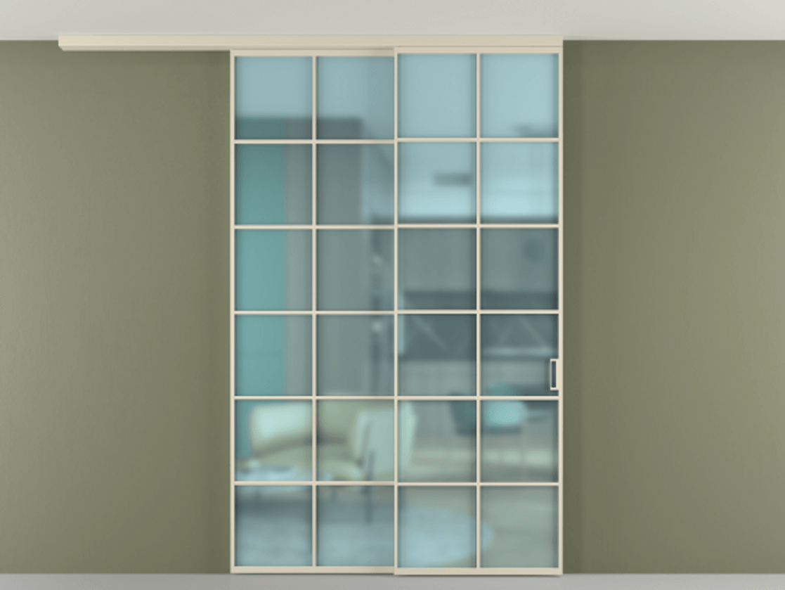 Перегородка Formato вдоль стены на потолок 2 створки с синхронным механизмом АЛПР 040.05 Алюминий бежево-серый Сатинированное голубое стекло, триплекс Цена 17500 Br | Volhovec