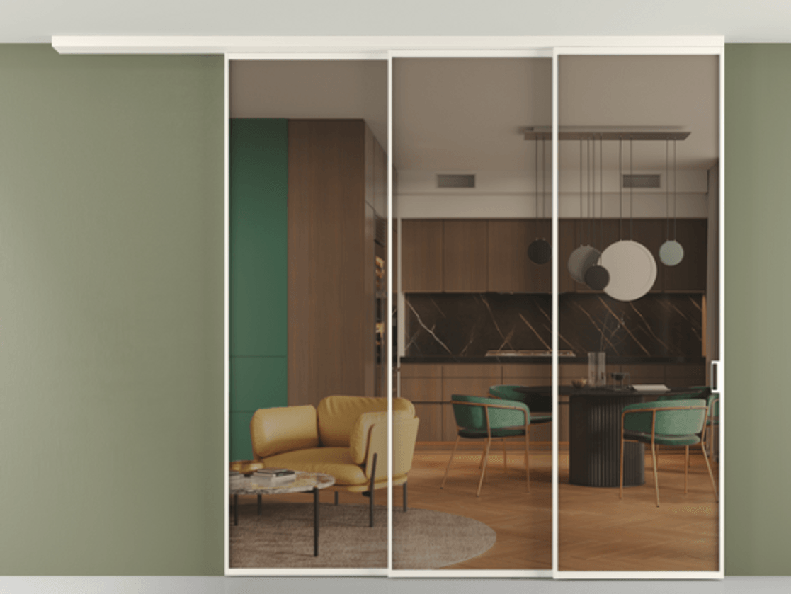 Перегородка Формато вдоль стены на потолок 3 створки с синхронным механизмом АЛПР 040.01 Алюминий пудровый белый Прозрачное бронзовое стекло, триплекс Цена 19820 Br | Volhovec